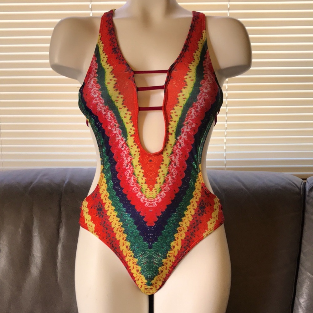 Sexy vibrant multicolored one piece swimsuit.